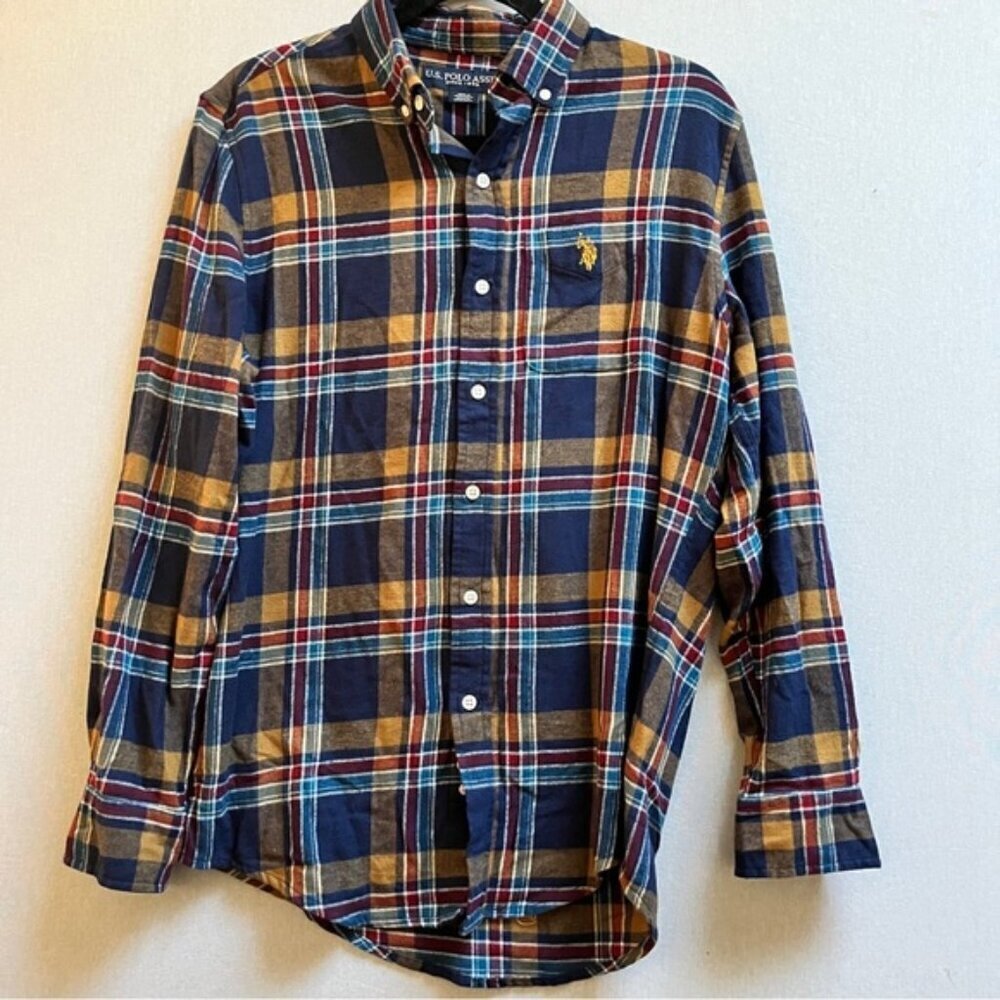 U.S. Polo Assn. Blue Yellow Plaid Cotton Long Sleeve Button Up Shirt S